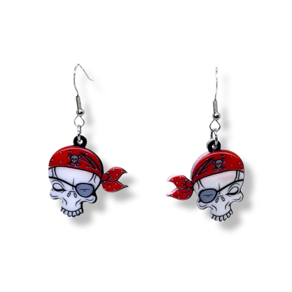 Acrylic Multi-Color Pirate Skull Drop Dangle Pierced Earrings